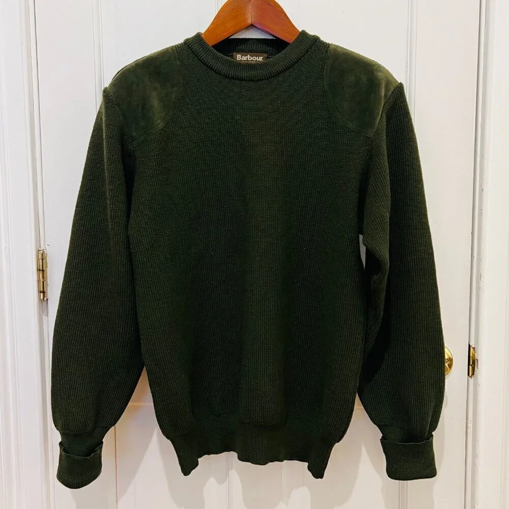 Barbour 100% Wool Suede leather Shoulder & Elbow Patch Gun Sweater Size Medium